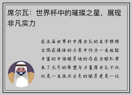 席尔瓦：世界杯中的璀璨之星，展现非凡实力